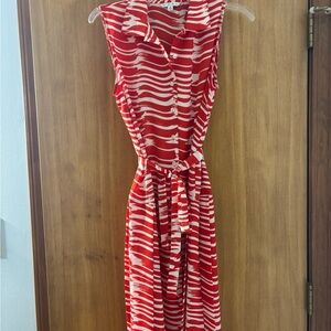 CAbi Red and White Sleeveless Midi Shirt Dress